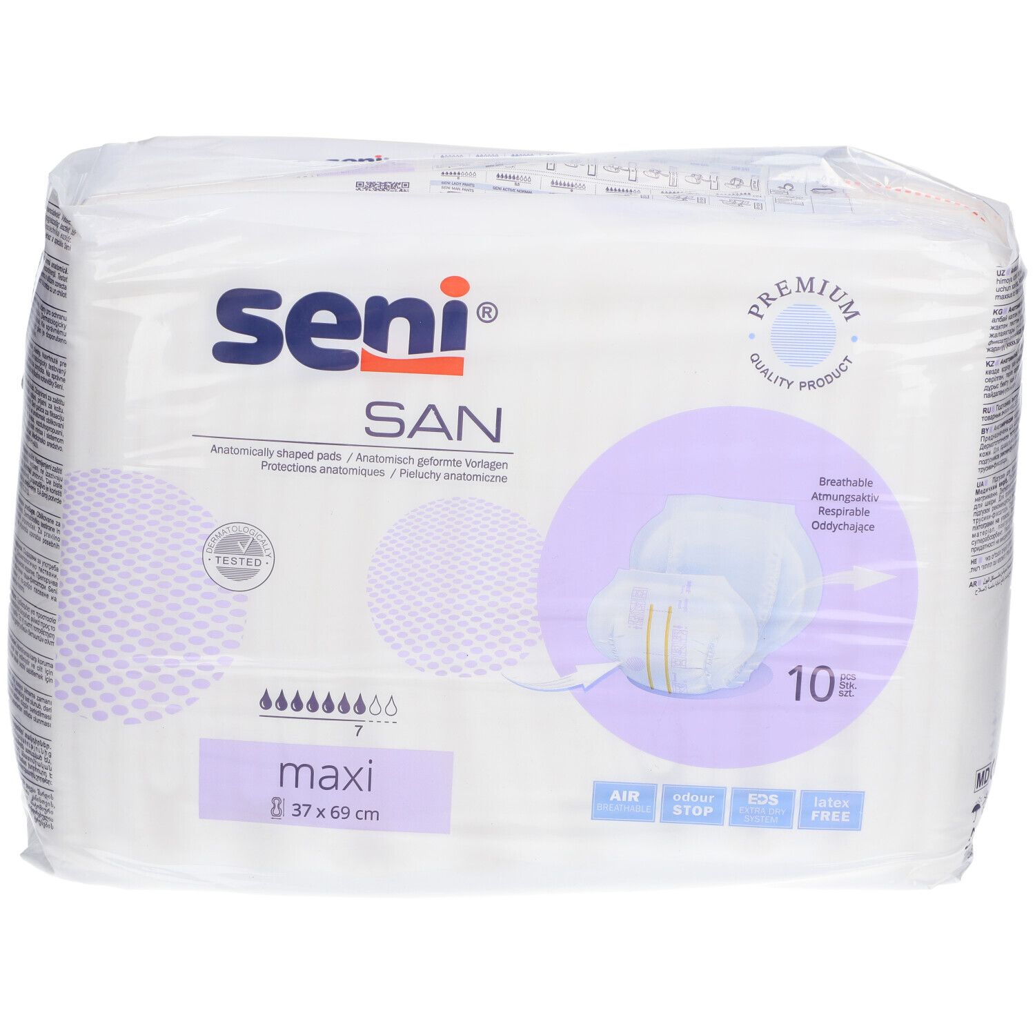 Confezione Seni SAN maxi, 37x69 cm. Assorbenti sagomati. 10 pezzi. Con marchio di qualità.