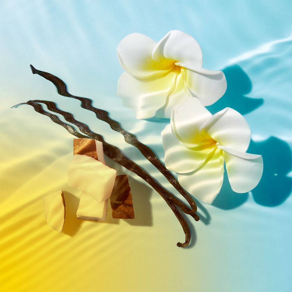 Fiori, baccelli di vaniglia e pezzi di cocco su sfondo blu-giallo.