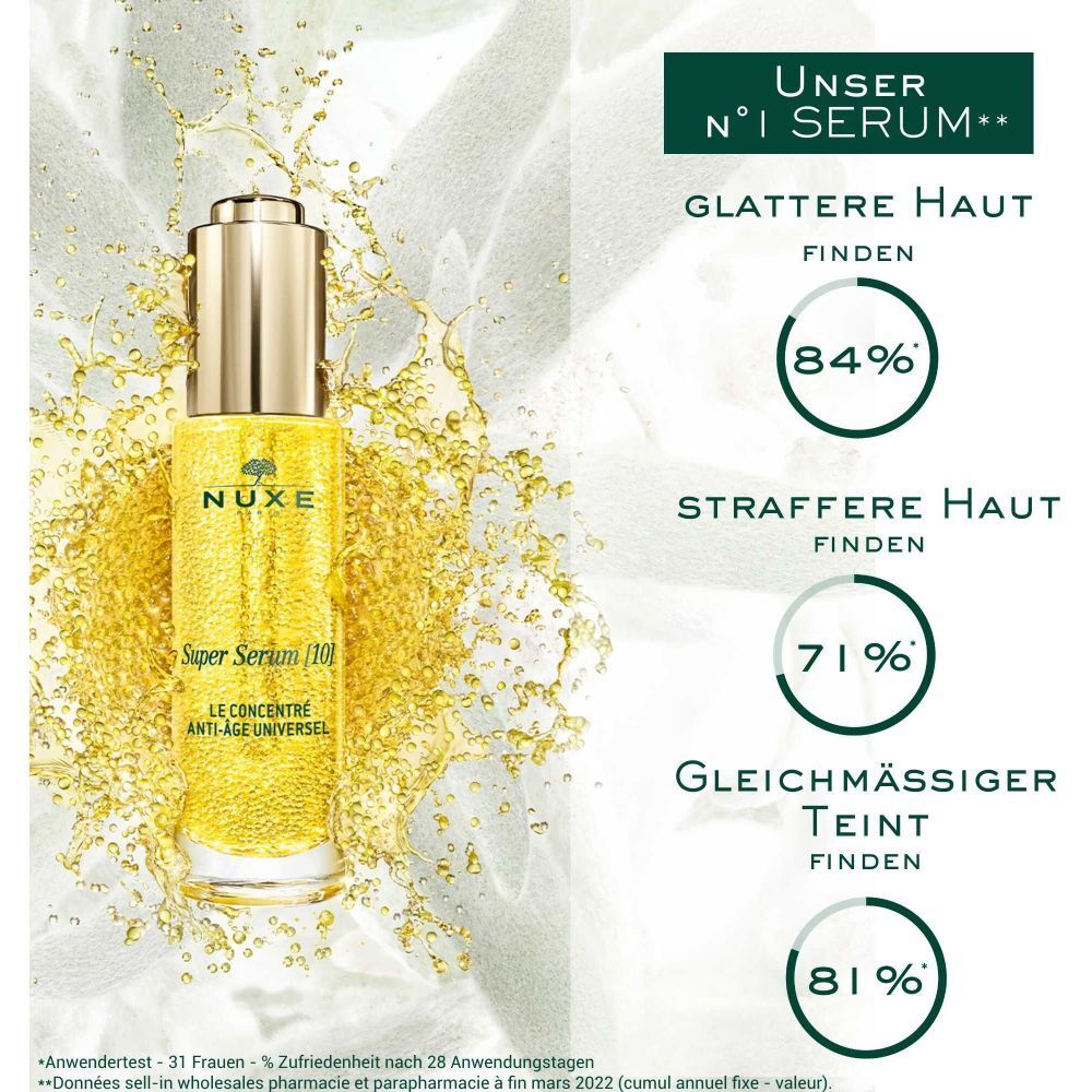 NUXE Super Serum [10] con percentuali: pelle più liscia (84%), pelle più tonica (71%), incarnato più uniforme (81%).