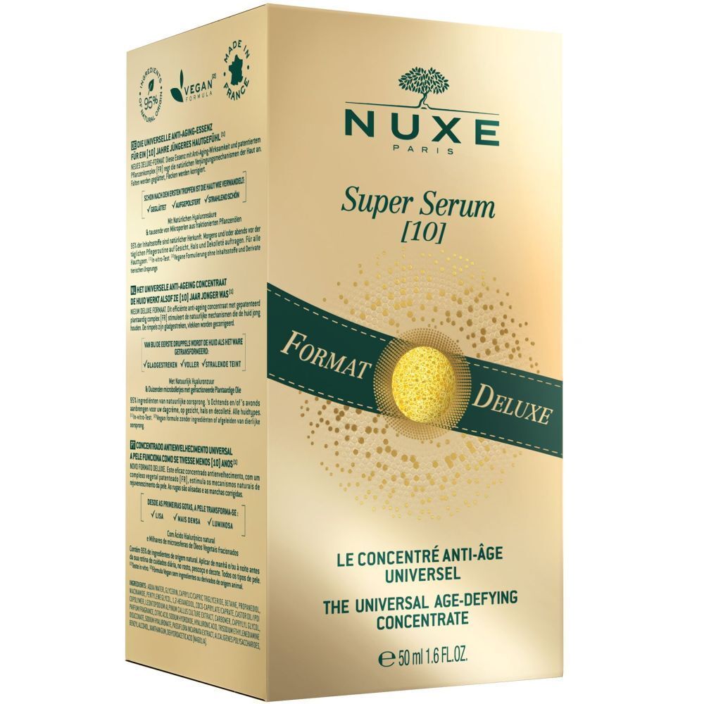 Confezione di NUXE Super Serum [10] Deluxe. Scatola dorata con immagine del prodotto e testo.