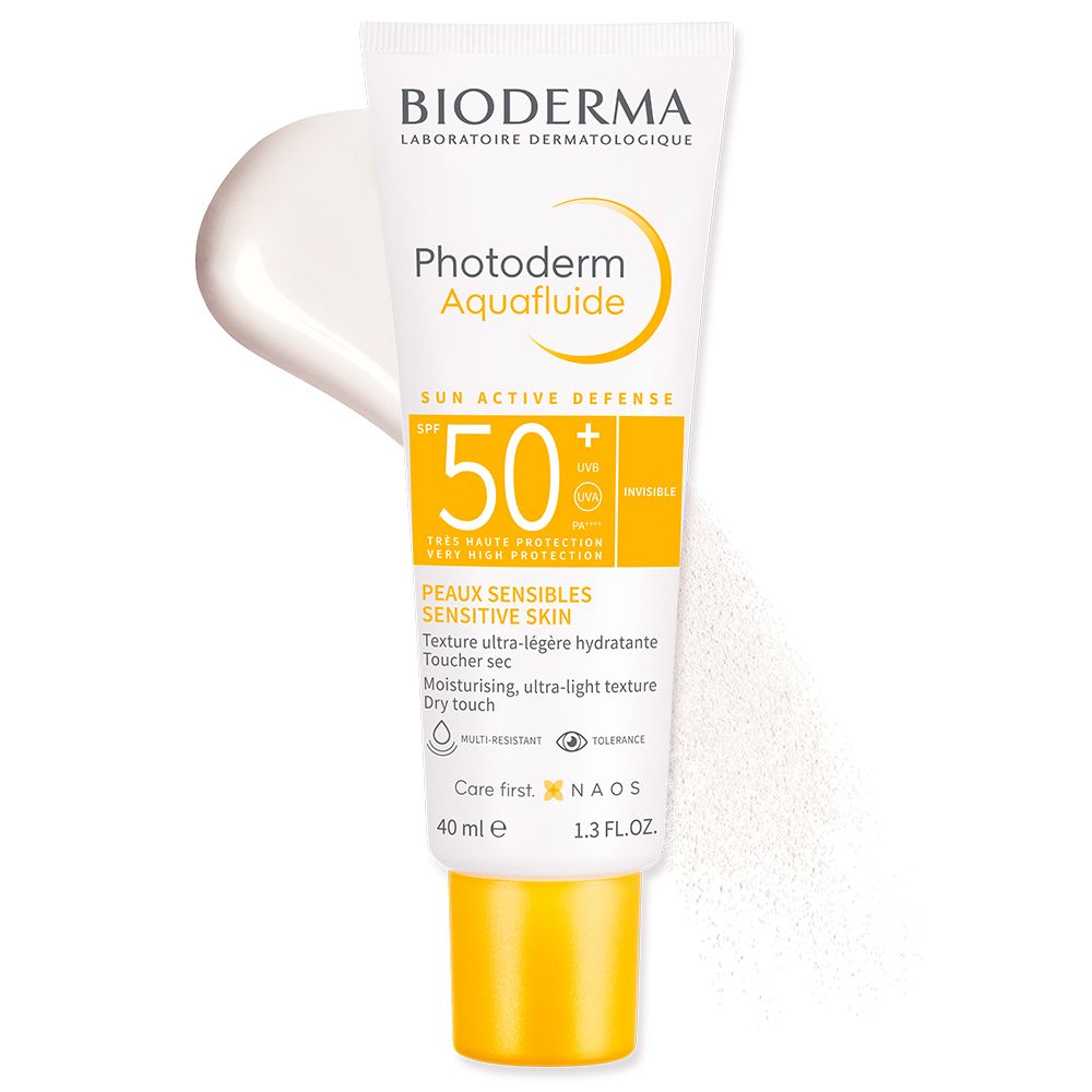 Tubo BIODERMA Photoderm Aquafluide 50+ con tratto di crema solare. 40 ml.