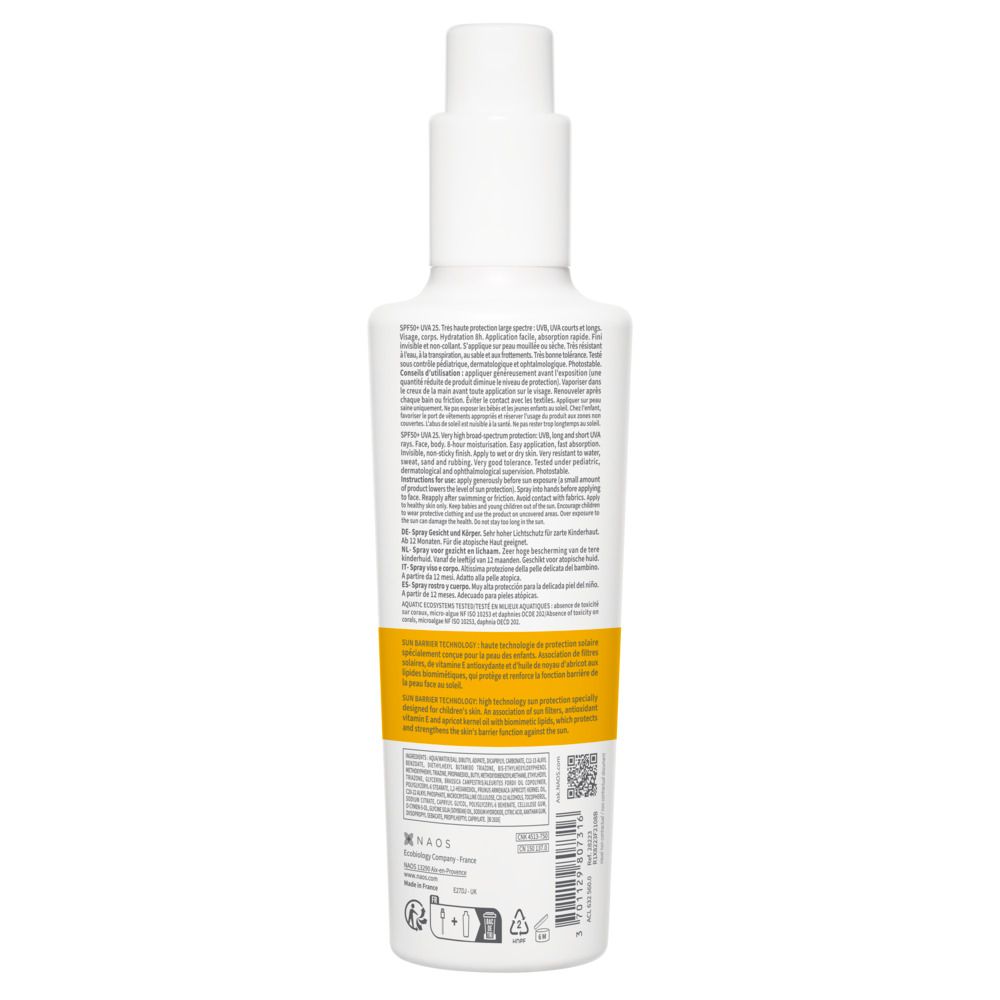 Retro del flacone BIODERMA Photoderm PEDIATRICS Spray 50+. Testo multilingue. Etichetta gialla.