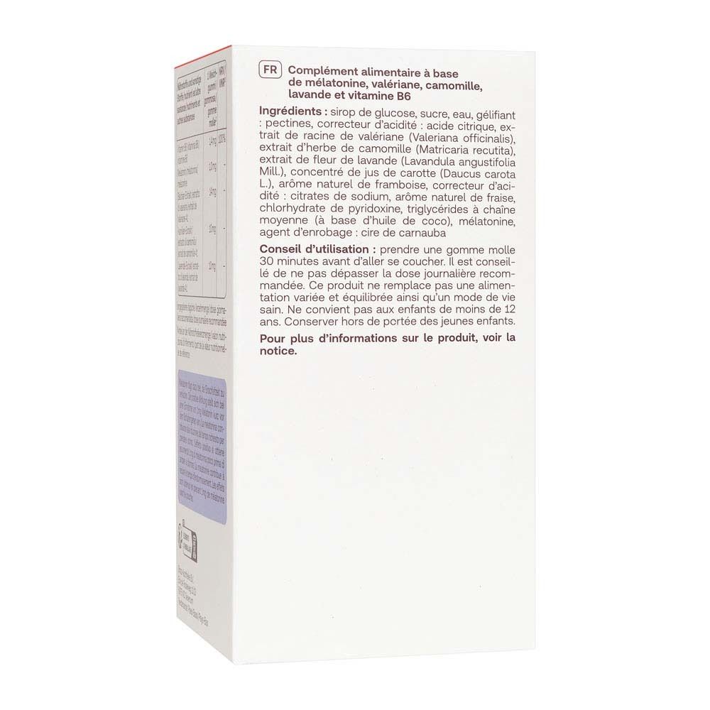 Retro della confezione Redcare Vita Melatonina Gommose. Ingredienti, istruzioni per l'uso e informazioni nutrizionali.