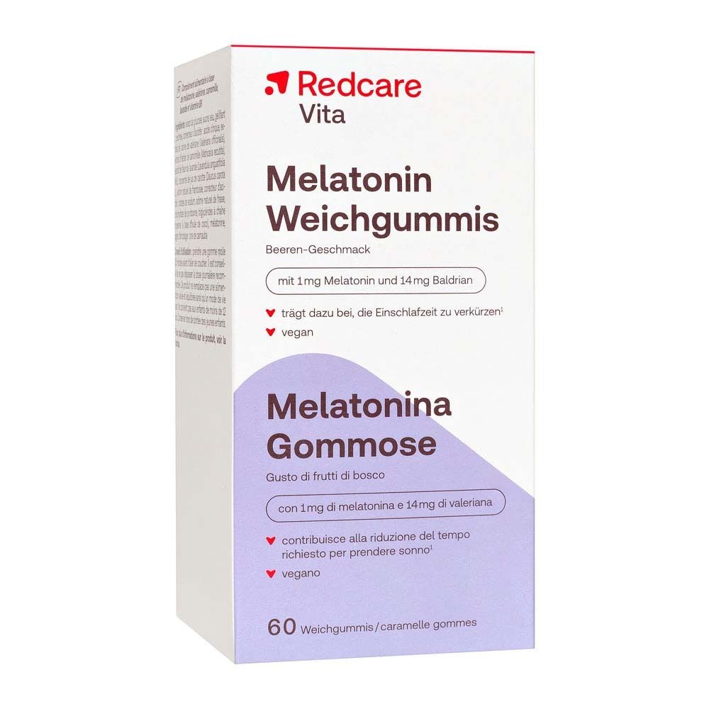 Confezione Redcare Vita Melatonina Gommose. 60 pezzi. 1mg melatonina e 14mg valeriana. Gusto frutti di bosco.