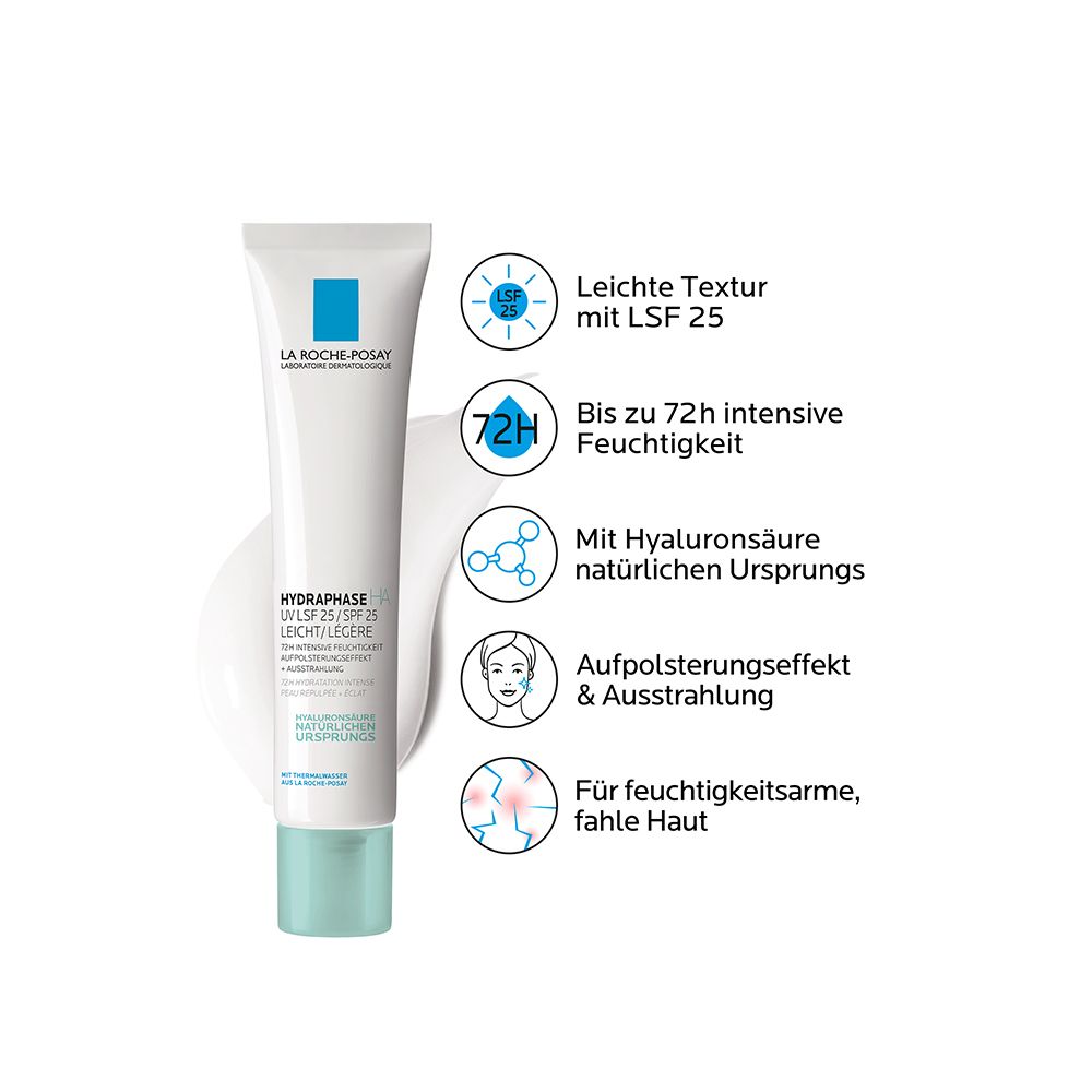 Tubo bianco con scritta blu. Testo: Hydraphase UV SPF 25. Grafici mostrano i benefici: idratazione, luminosità.