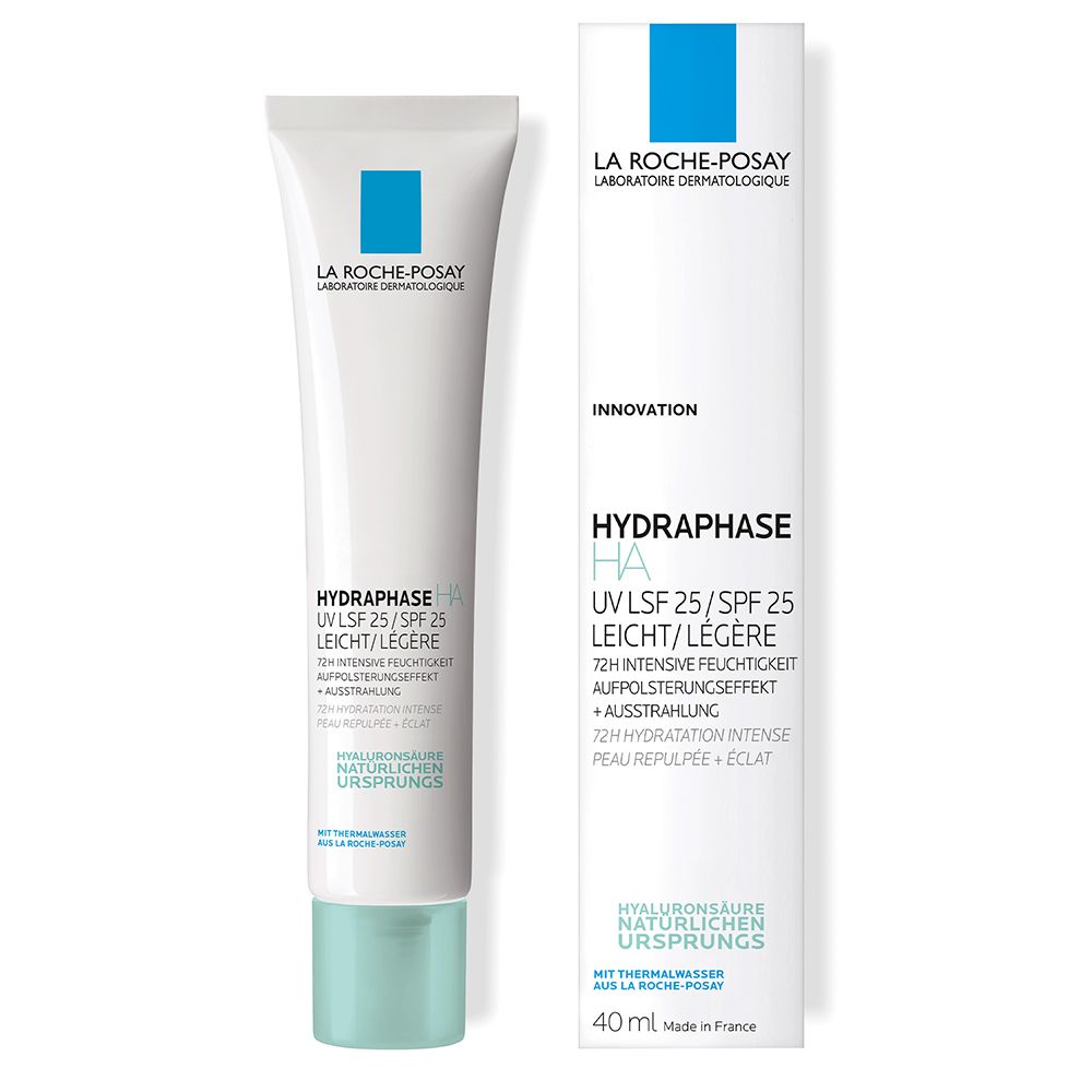 Prodotto e confezione. Tubo e scatola bianchi. Testo: Hydraphase UV SPF 25. 40 ml. Fatto in Francia.