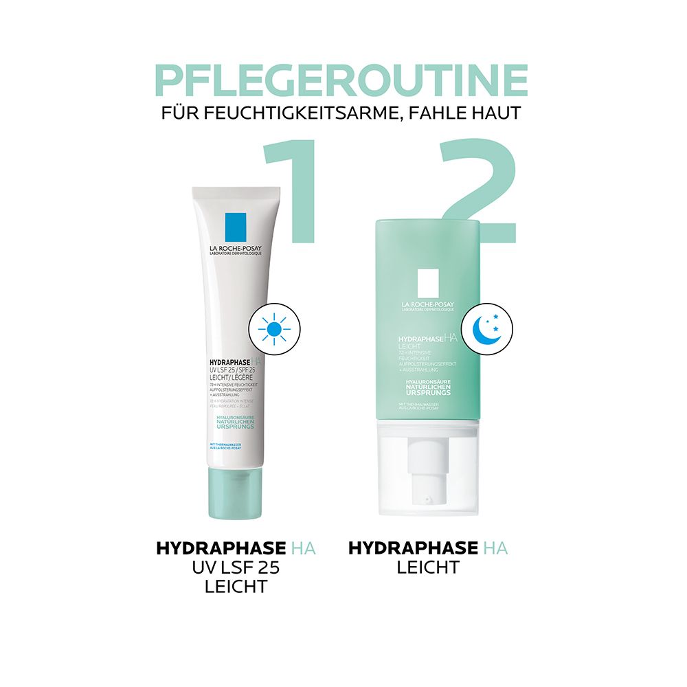 Routine di cura per la pelle secca. Prodotti: Hydraphase HA UV SPF 25 e Hydraphase HA Leggera.