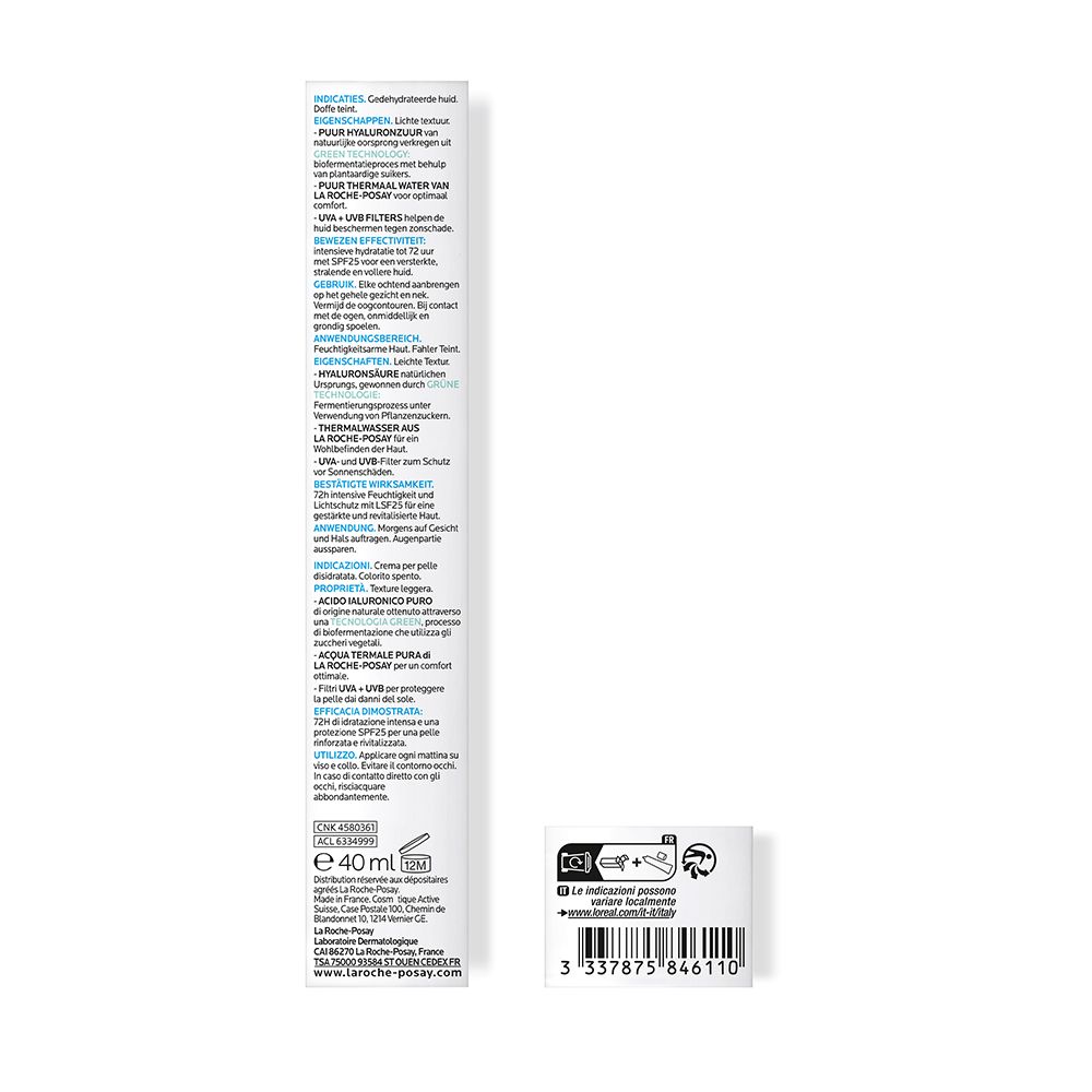 Confezione del prodotto. Testo: Hydraphase HA UV SPF 25. Ingredienti e istruzioni per l'uso.