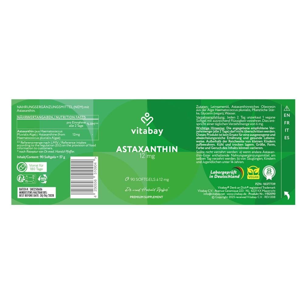 Retro della confezione con informazioni nutrizionali e ingredienti. Astaxantina 12 mg. 90 capsule.