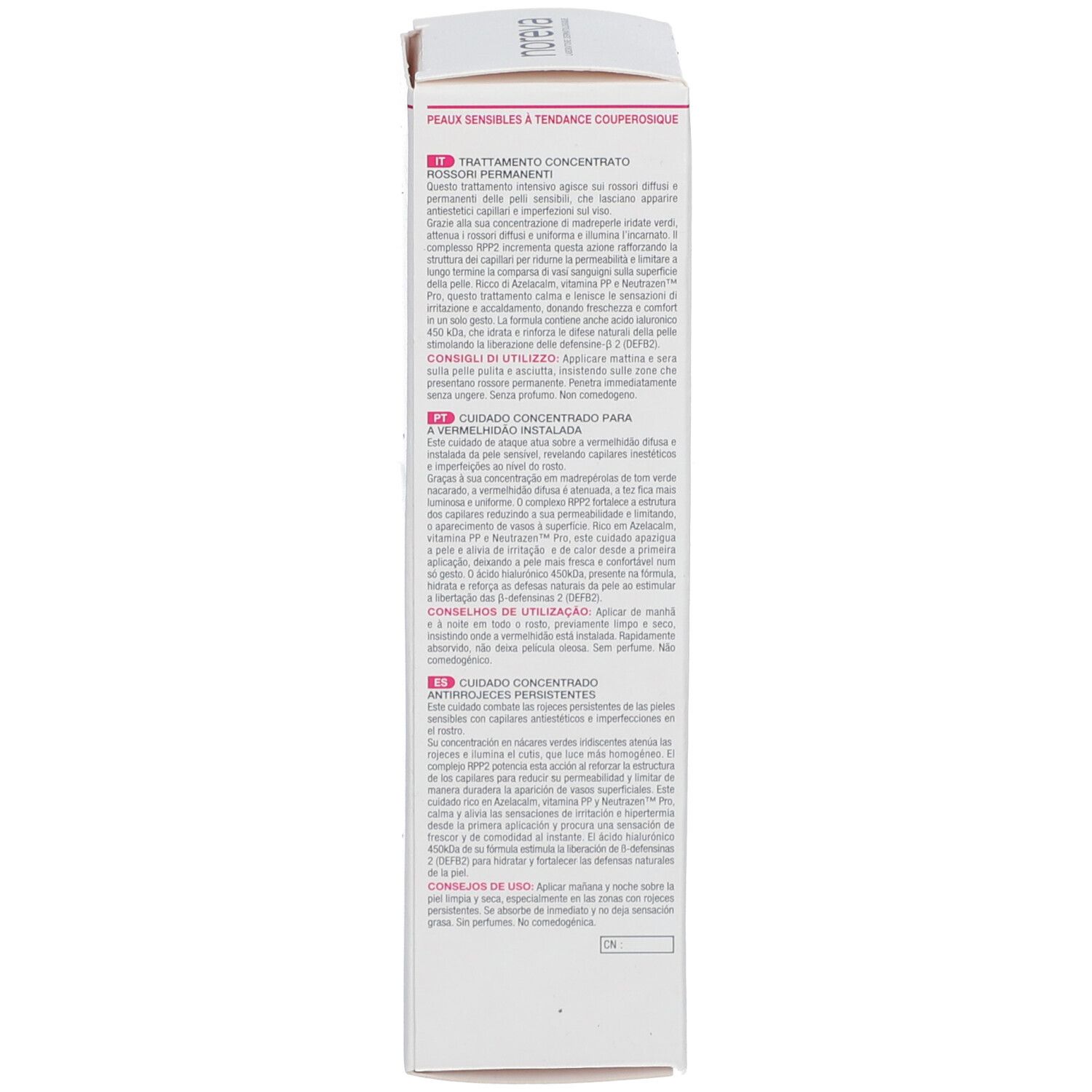 Lato della confezione. Testo multilingue. Informazioni sull'uso e sugli ingredienti.