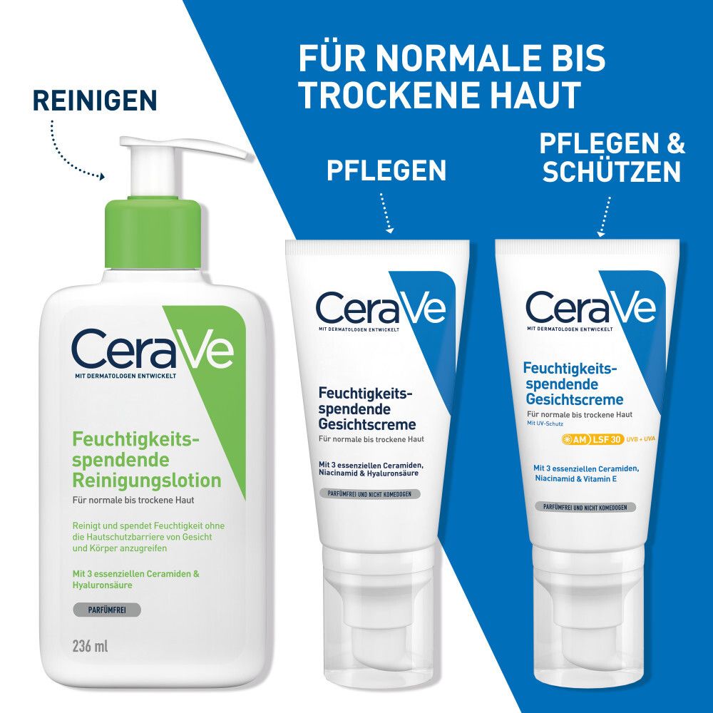 Prodotti CeraVe: lozione detergente e due creme viso. Testo: Per pelli da normali a secche.
