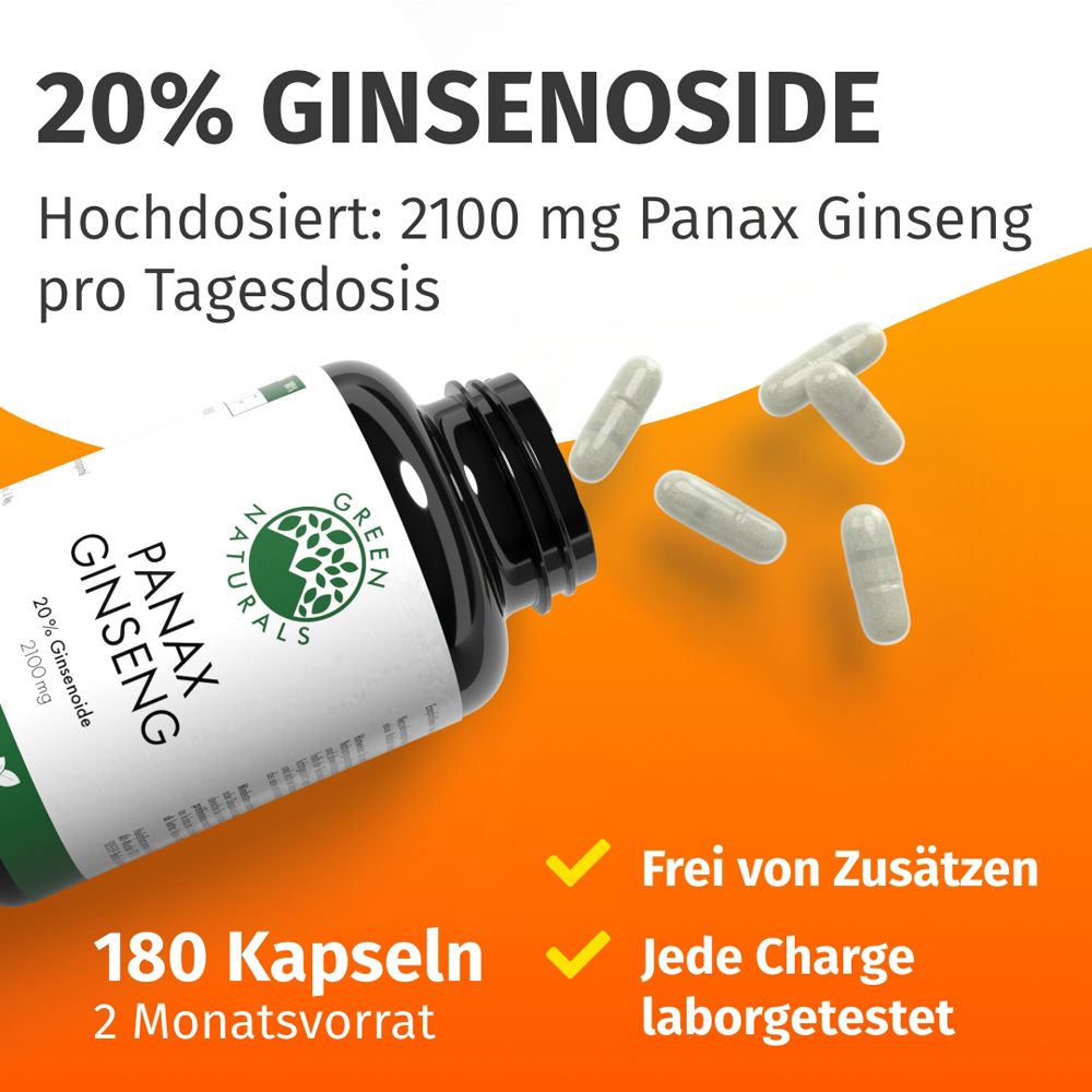 Barattolo di Panax Ginseng, 180 capsule, 2100 mg per dose giornaliera, testato in laboratorio.
