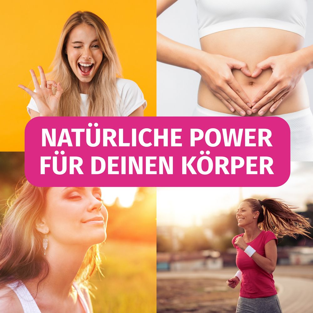 Collage di quattro immagini. Testo: POTERE NATURALE PER IL TUO CORPO. Donne sorridenti, mani sulla pancia, jogging.