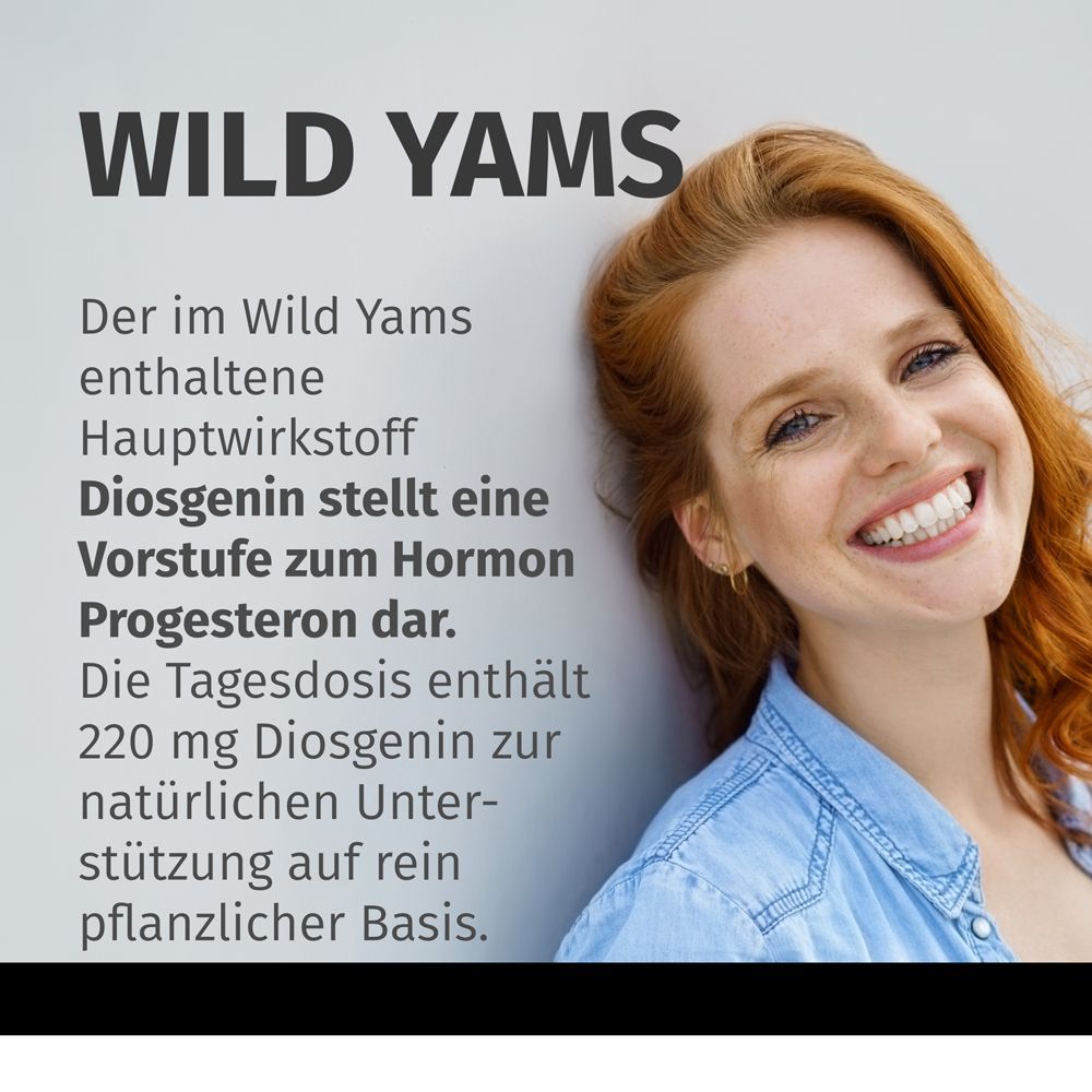 Donna sorridente. Testo: WILD YAMS. La diosgenina è un precursore del progesterone. 220 mg di diosgenina.