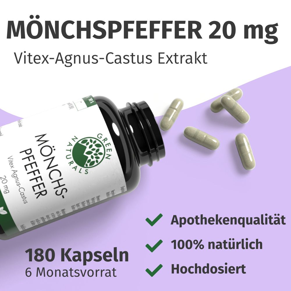 Flacone verde con capsule. Scritta: MÖNCHS-PFEFFER 20 mg, 180 capsule. Qualità farmacia, 100% naturale.