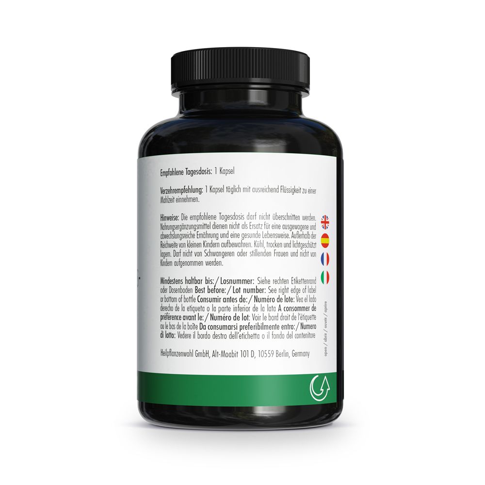 Retro del flacone. Scritta: Dose giornaliera raccomandata: 1 capsula.