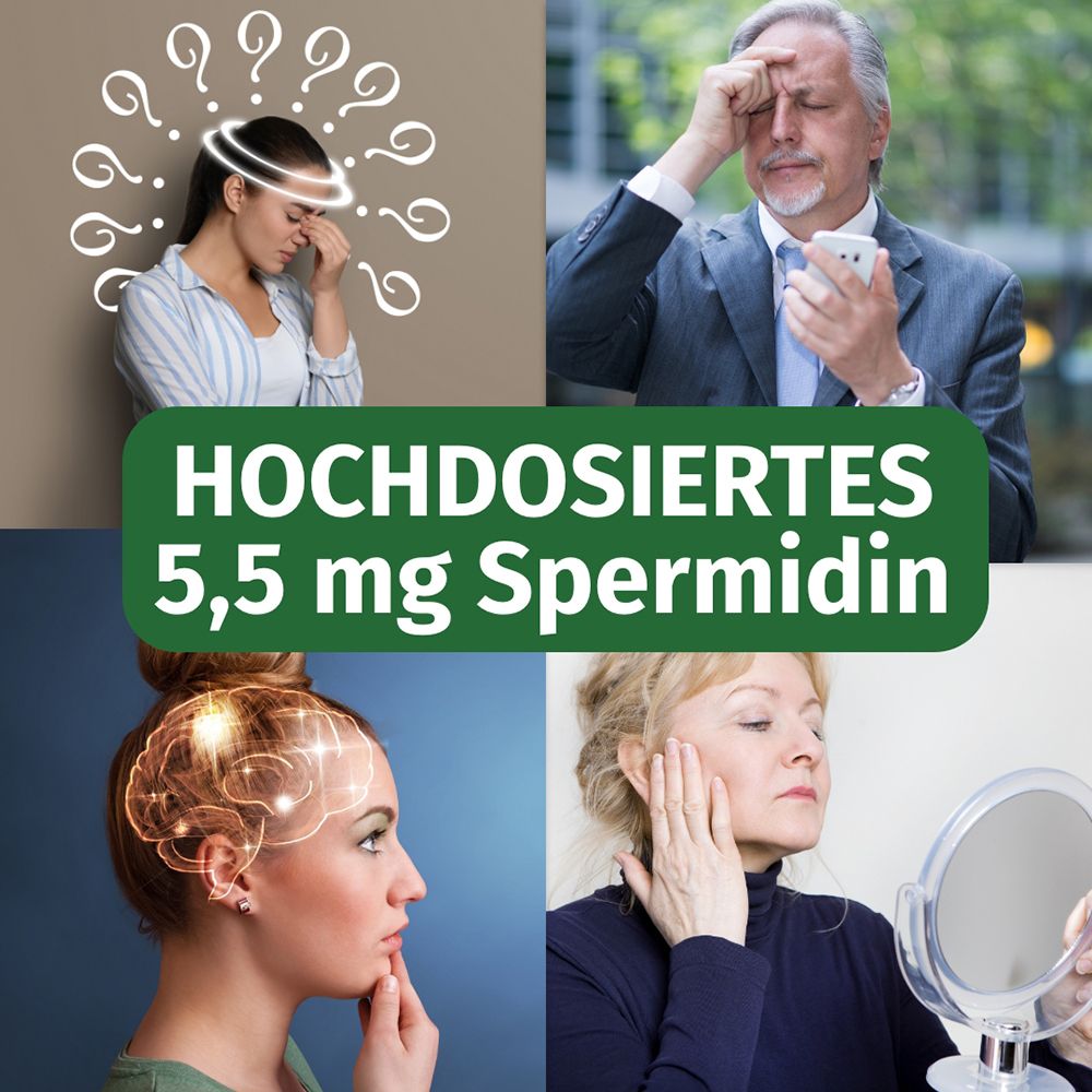 Collage: mal di testa, uomo con telefono, cervello, donna con specchio. Spermidina 5,5 mg ad alto dosaggio.