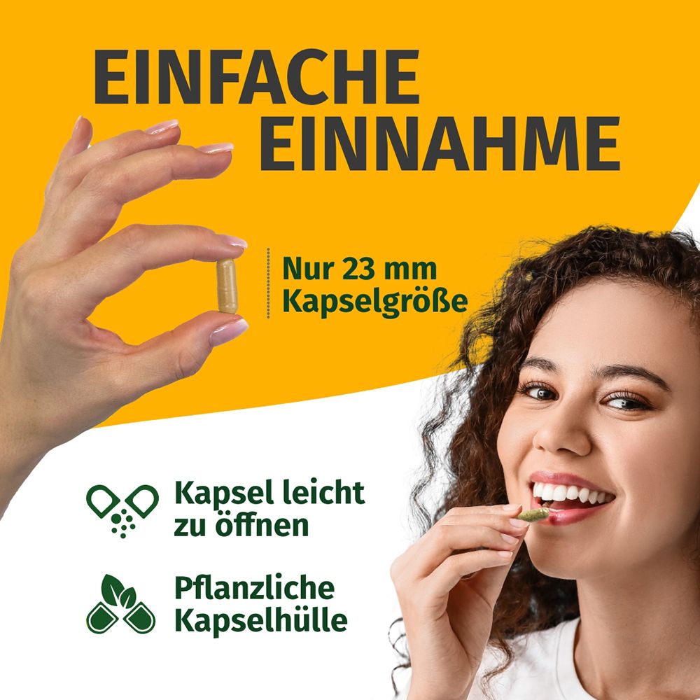 Donna che prende una capsula. Assunzione facile, dimensione capsula 23 mm. Involucro capsula vegetale.