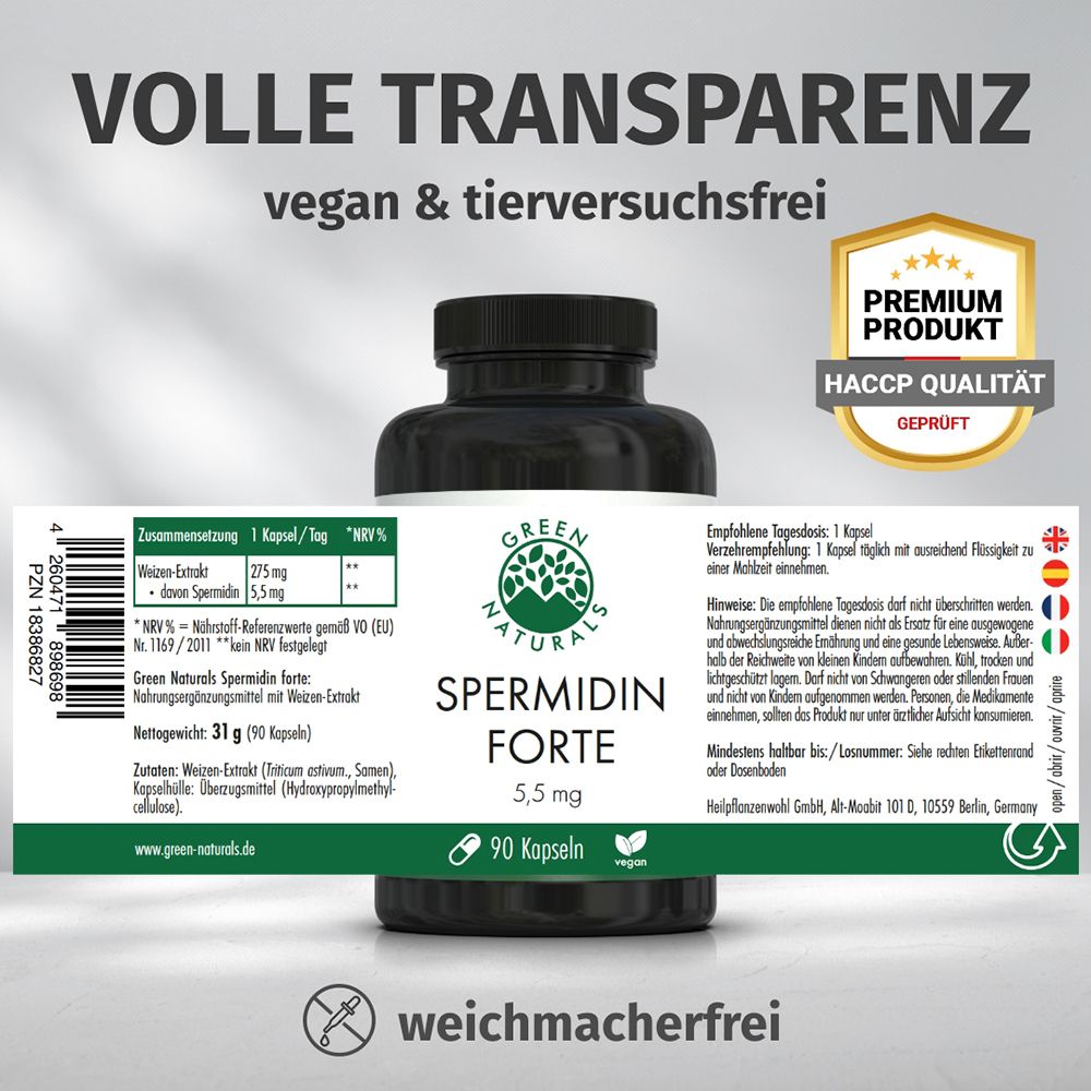 Flacone con etichetta: GREEN NATURALS Spermidin Forte, 5,5 mg, 90 capsule. Prodotto Premium, qualità HACCP.