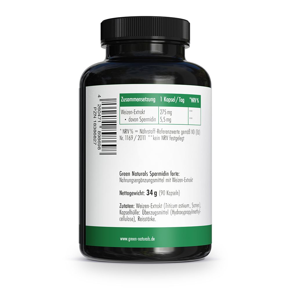 Retro flacone: informazioni nutrizionali, ingredienti (estratto di grano, spermidina 5,5 mg), 90 capsule.