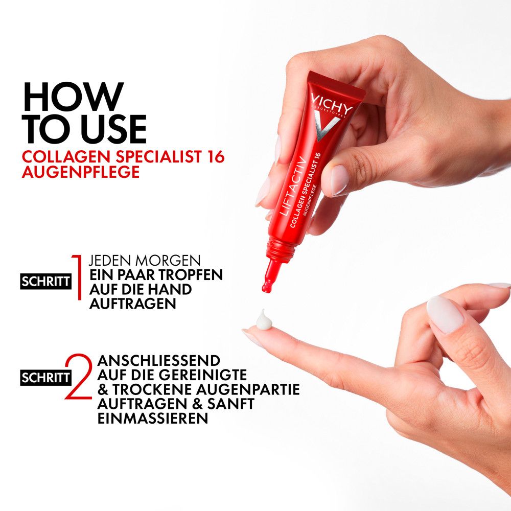 Mani che applicano il contorno occhi. Testo: Come usare il contorno occhi Collagen Specialist 16.