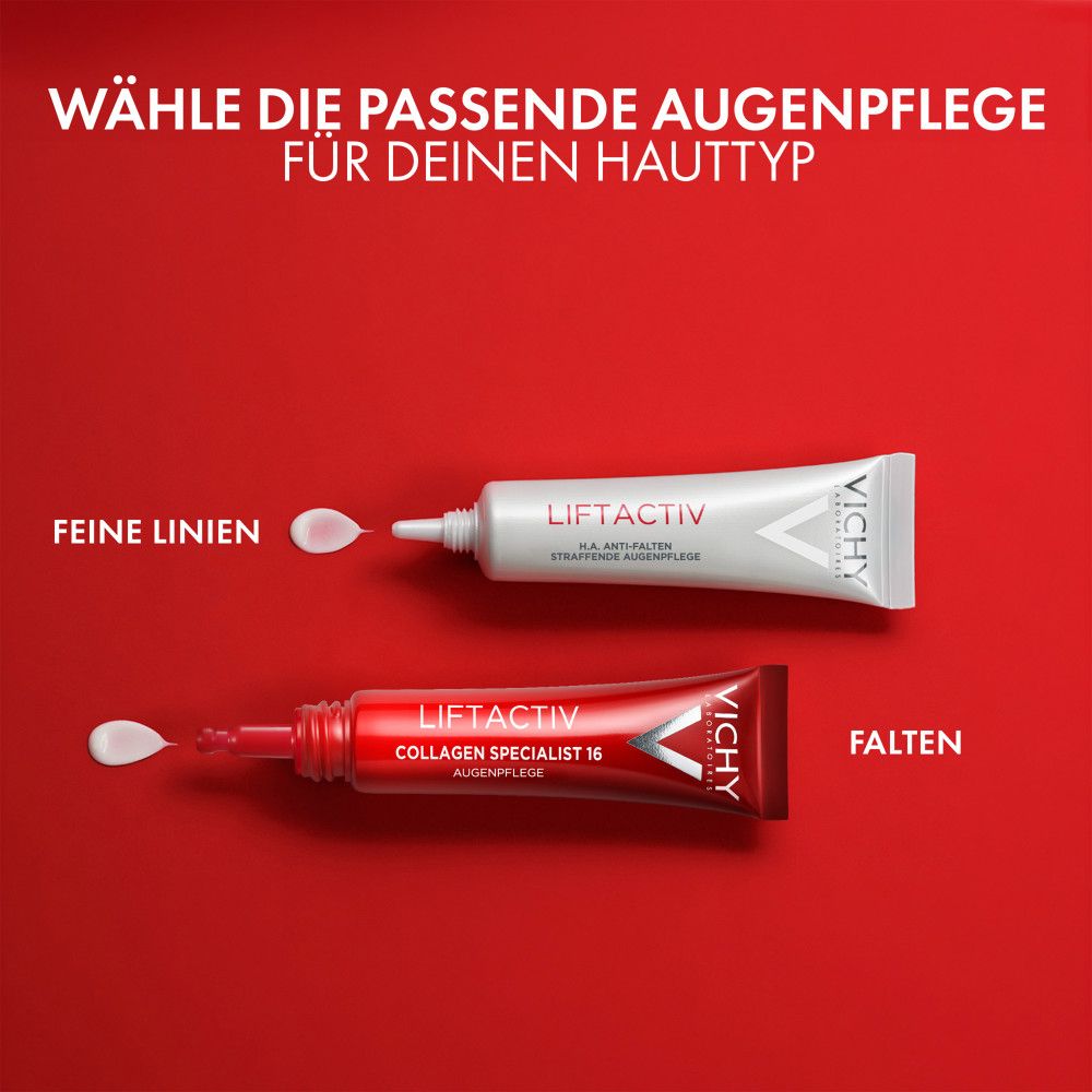 Due tubi di contorno occhi. Uno per le rughe sottili, uno per le rughe. Testo: Scegli il contorno occhi giusto.