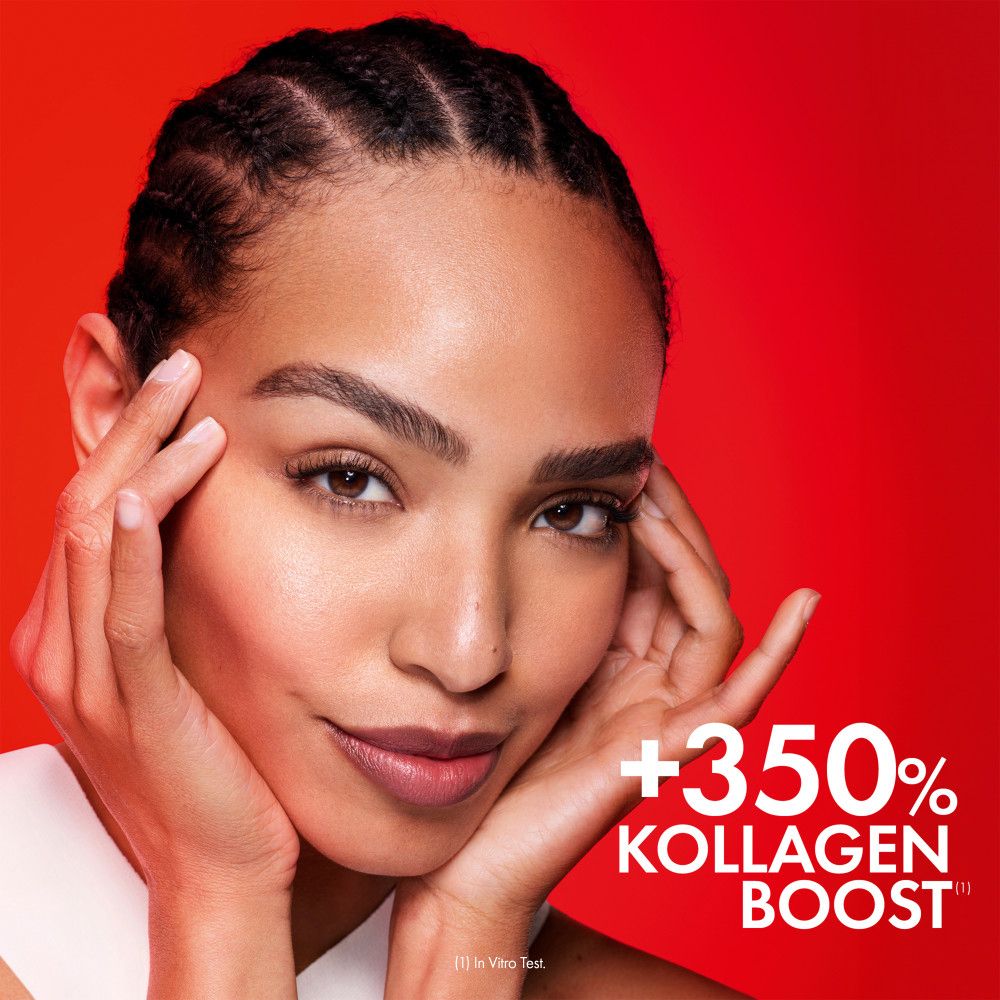Donna con mano sull'occhio. Testo: +350% Aumento di collagene.