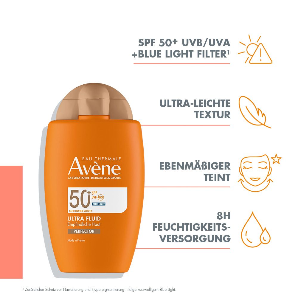 Flacone con testo: SPF 50+ UVB/UVA + filtro luce blu. Texture ultra-leggera, incarnato uniforme.