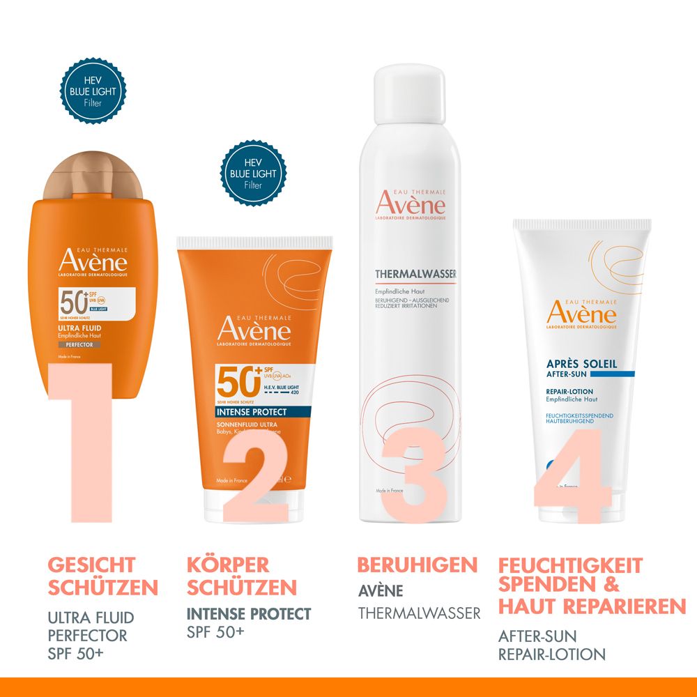Quattro prodotti affiancati. Ultra Fluid Perfector SPF 50+, Intense Protect SPF 50+, Acqua termale, Doposole.