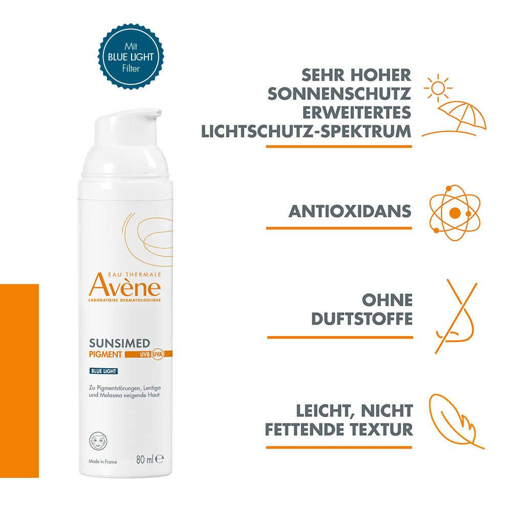 Flacone bianco Eau Thermale Avène Sunsimed PIGMENT. Testo e icone.