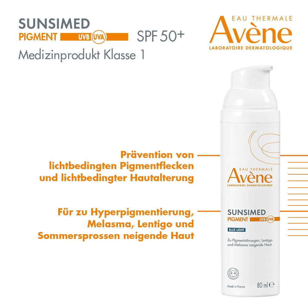 Flacone bianco Eau Thermale Avène Sunsimed PIGMENT. Dispositivo medico Classe 1.