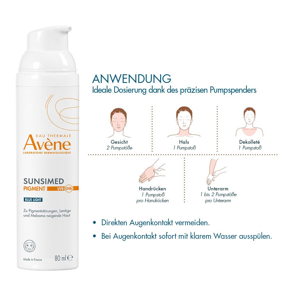 Flacone bianco Eau Thermale Avène Sunsimed PIGMENT. Istruzioni per l'uso.