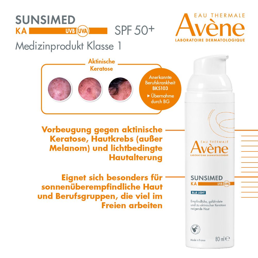 Protezione solare Avène Sunsimed KA. Testo: SPF 50+, Dispositivo medico classe 1. Immagini di pelle.