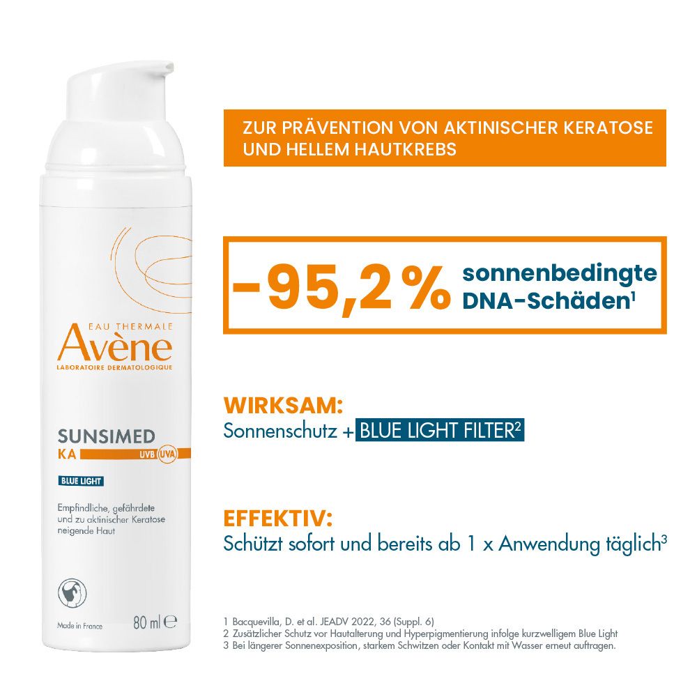 Protezione solare Avène Sunsimed KA. Testo: -95,2% danni al DNA. Efficace: protezione solare + Blue Light Filter.