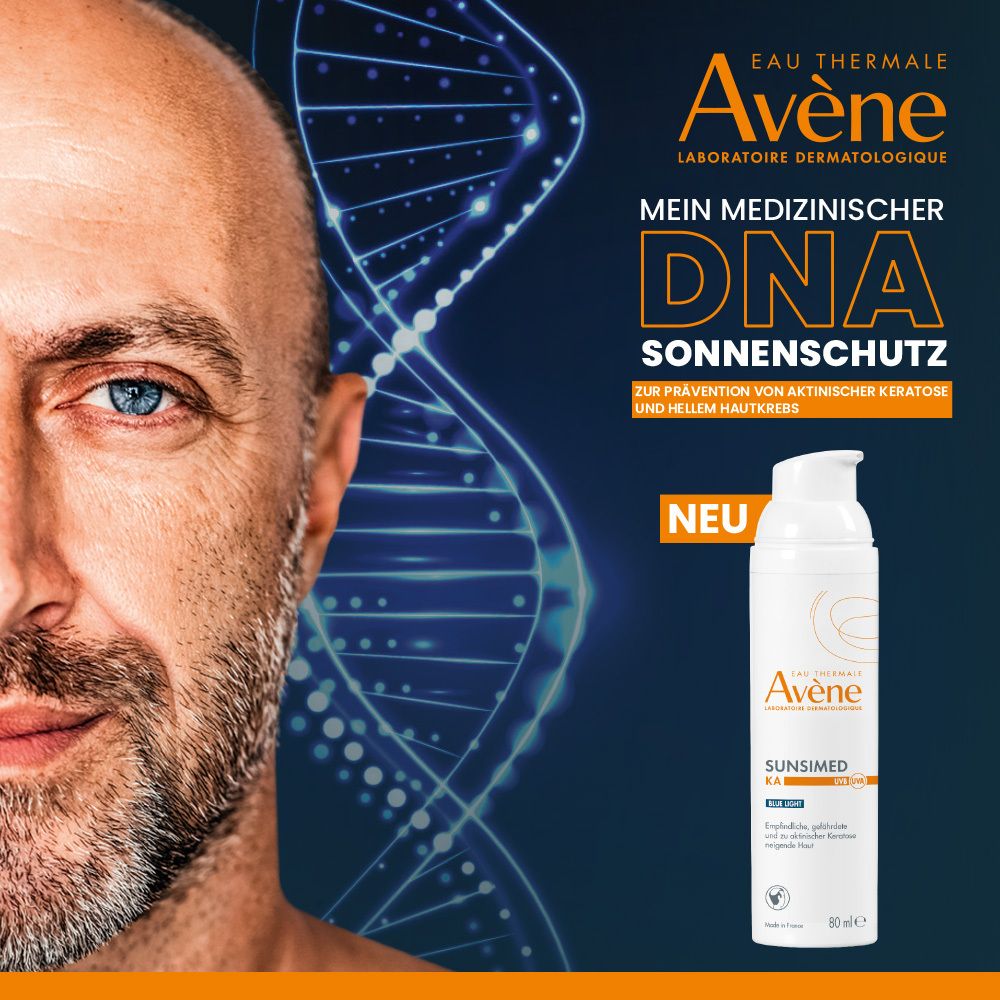 Uomo con metà viso. Protezione solare Avène Sunsimed KA. Testo: La mia protezione solare DNA medica.