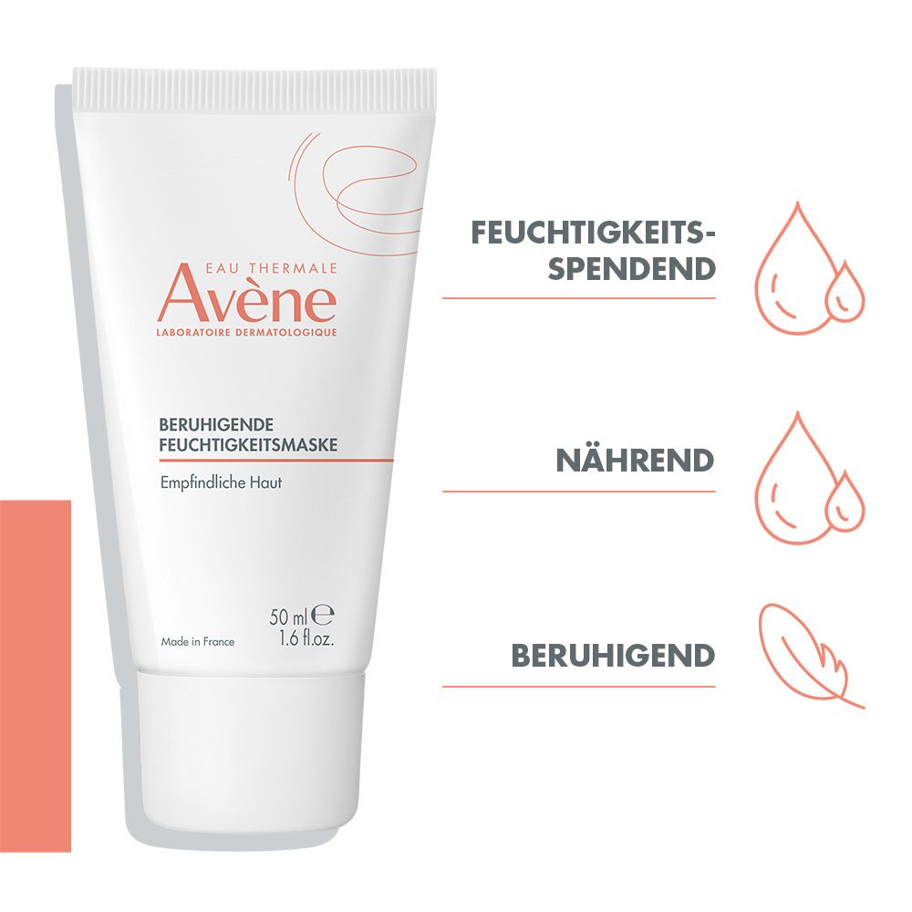 Tubo bianco con prodotto. Marchio Avène, logo e testo. Nome: Maschera idratante lenitiva. Icone: idratazione, nutrimento, lenitivo.