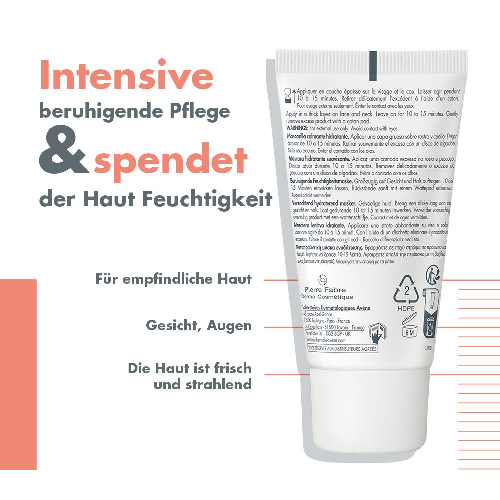 Retro del tubo. Testo: Cura lenitiva intensiva & idrata la pelle. Per pelli sensibili. Viso, occhi.