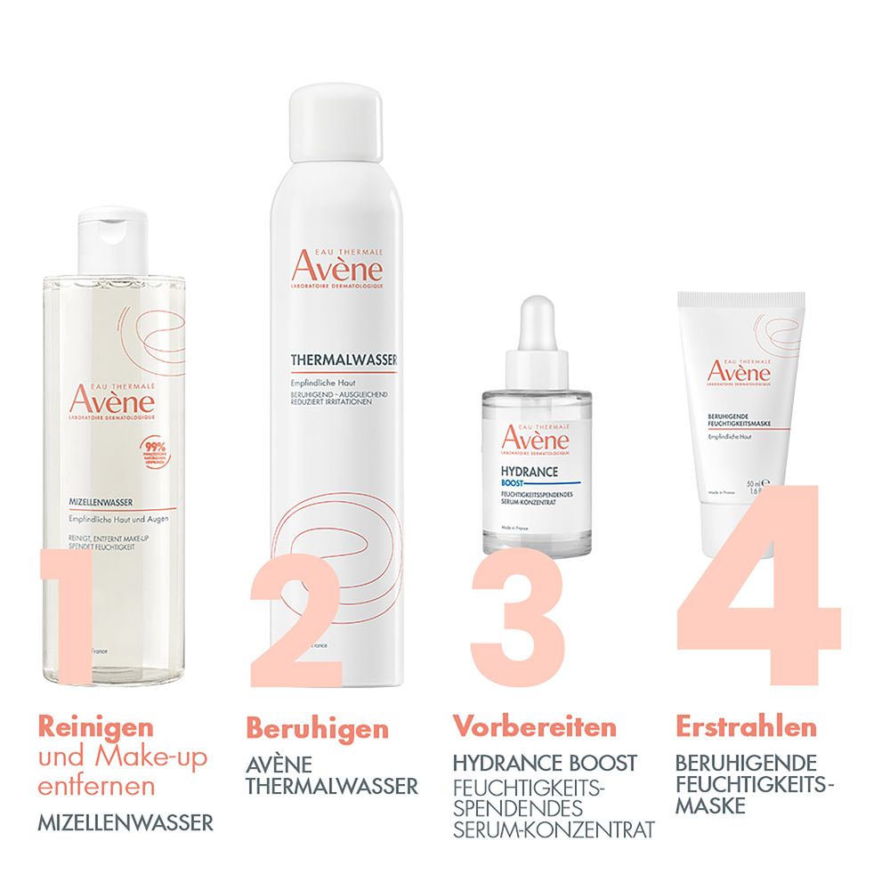 Tubo bianco con prodotto. Marchio Avène, logo e testo. Nome: Maschera idratante lenitiva. N.1 maschere viso.