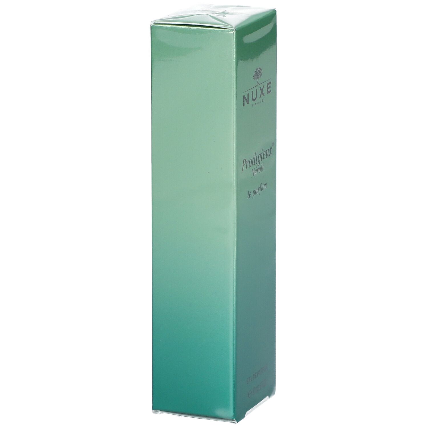 Scatola verde sfumata. Logo NUXE e nome del prodotto Prodigieux Néroli le parfum. Eau de Parfum.