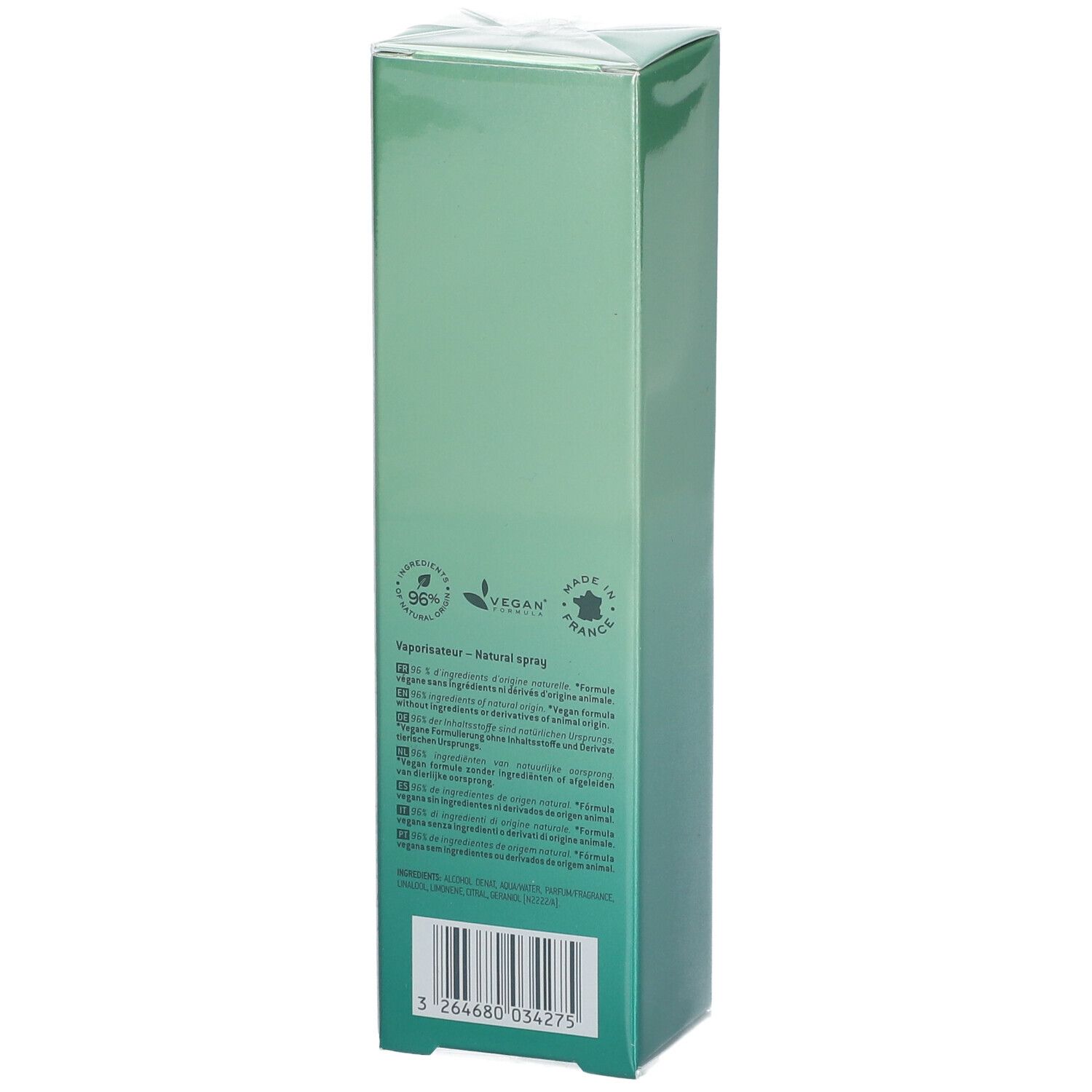 Retro di una scatola verde. Testo: Vaporisation - Natural spray. Sigillo vegano, Made in France. Codice a barre.