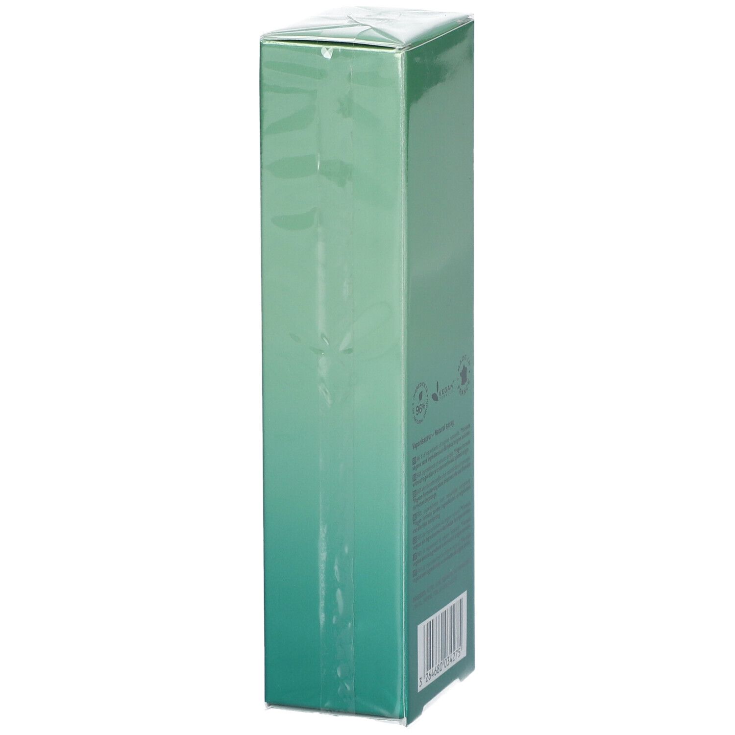 Vista laterale di una scatola verde. Logo NUXE e nome del prodotto Prodigieux Néroli le parfum. Codice a barre.