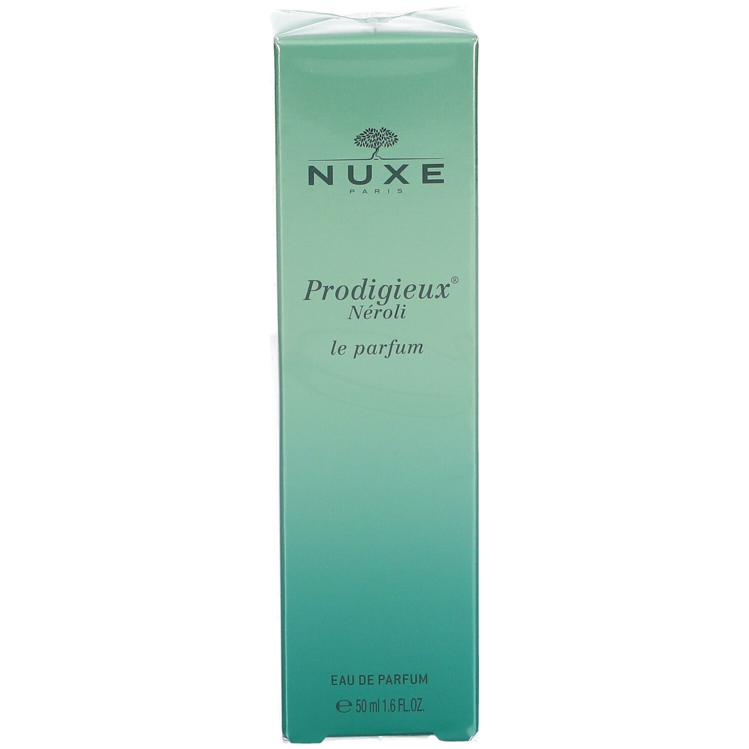 Scatola verde con logo NUXE e nome del prodotto Prodigieux Néroli le parfum. Eau de Parfum, 50 ml.