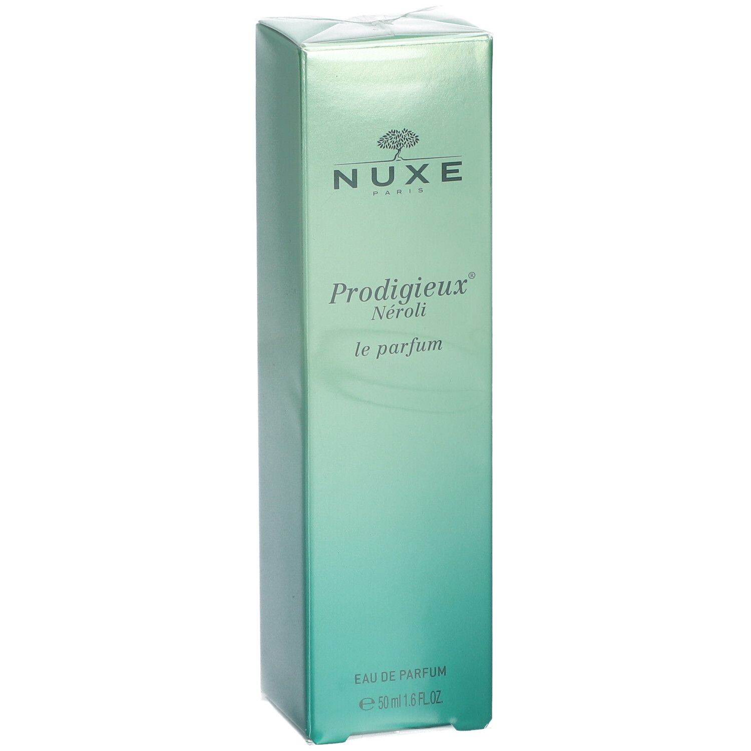 Scatola verde con logo NUXE e nome del prodotto Prodigieux Néroli le parfum. Eau de Parfum, 50 ml.