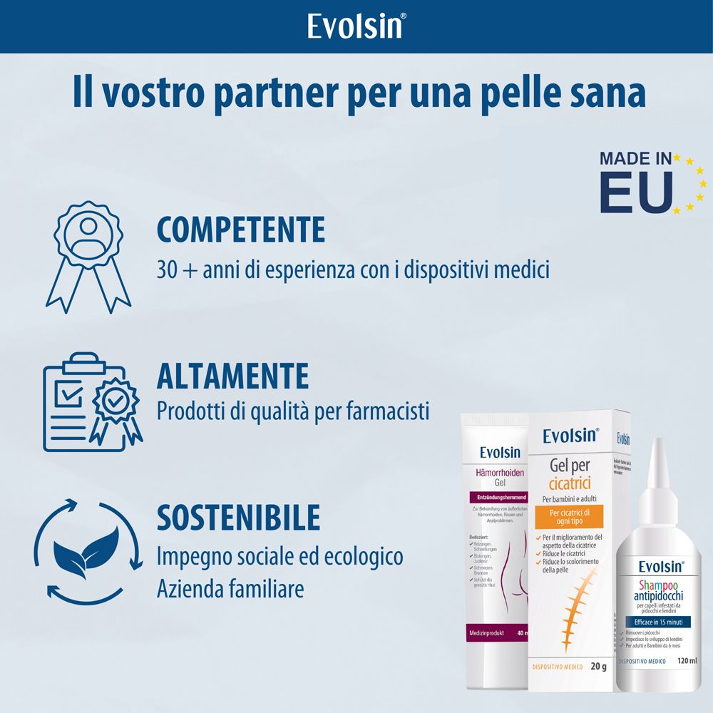 Scatola e tubo di gel per cicatrici. Multilingue. 20g. Dispositivo medico.