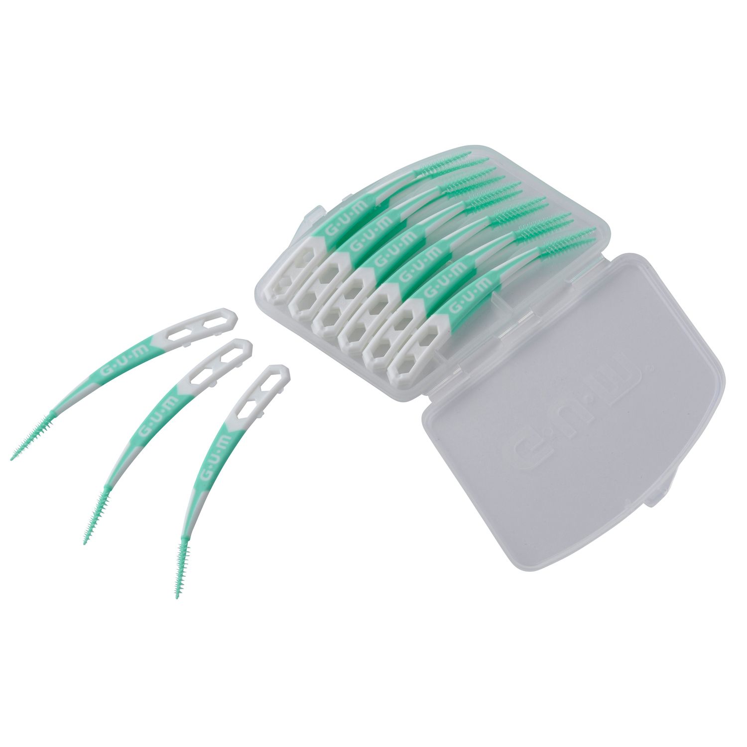 Scatola porta scovolini trasparente aperta con diversi scovolini. Marchio G.U.M. sui manici.