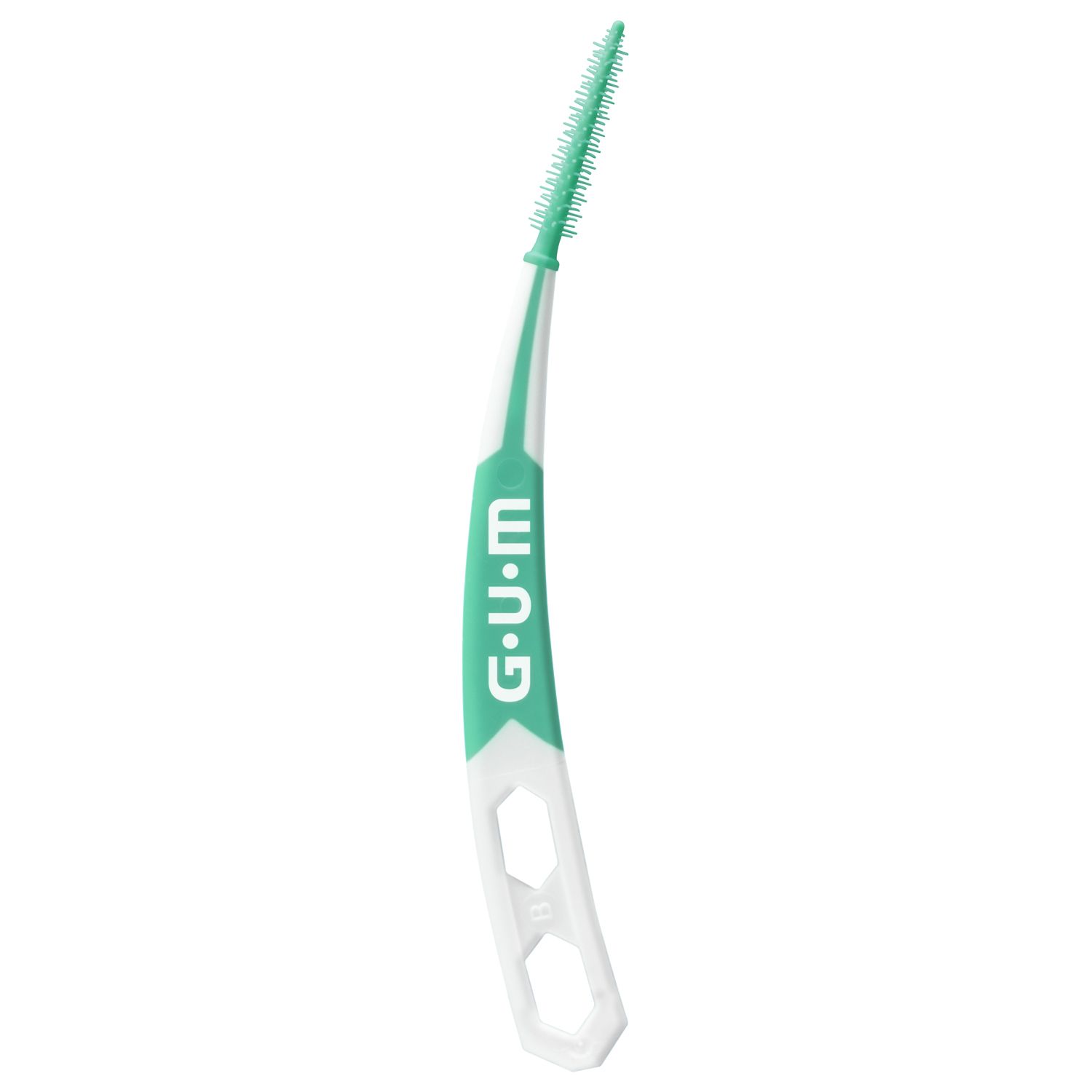 Singolo scovolino interdentale GUM® SOFT-PICKS®. Manico verde e bianco, testina verde. Nome del prodotto visibile sul manico.