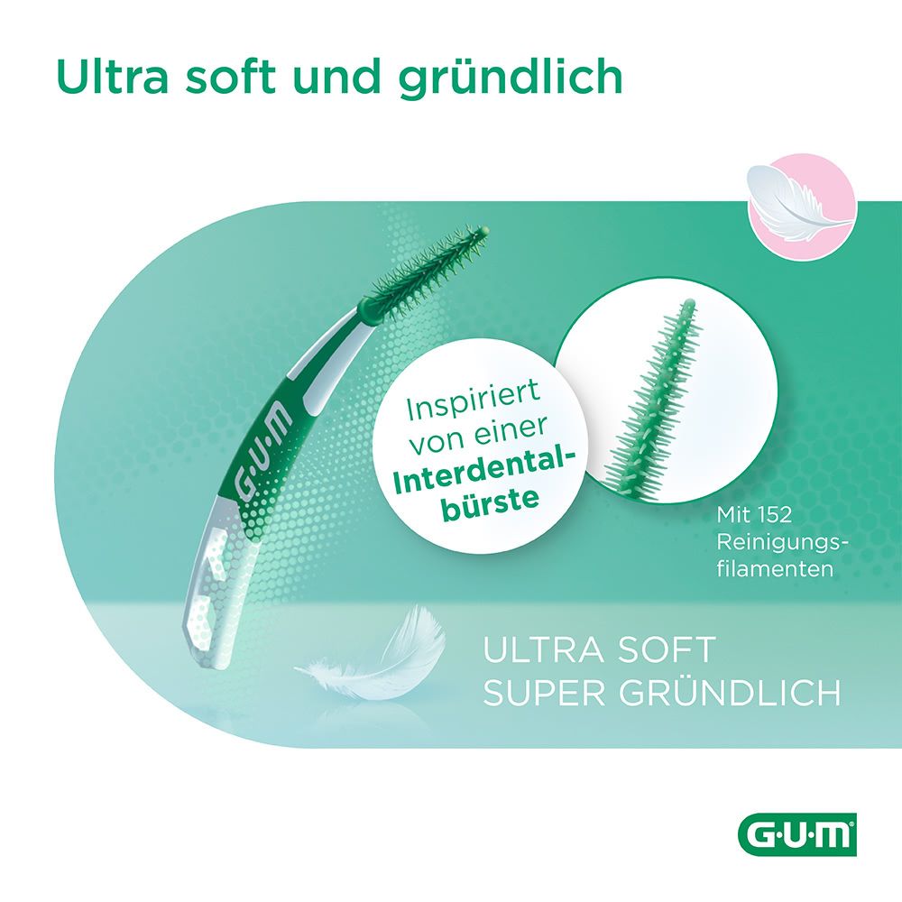 Primo piano di G.U.M Soft-Picks Pro. Testine verdi. Testo: Ultra morbido e accurato. Ispirato a uno spazzolino interdentale.