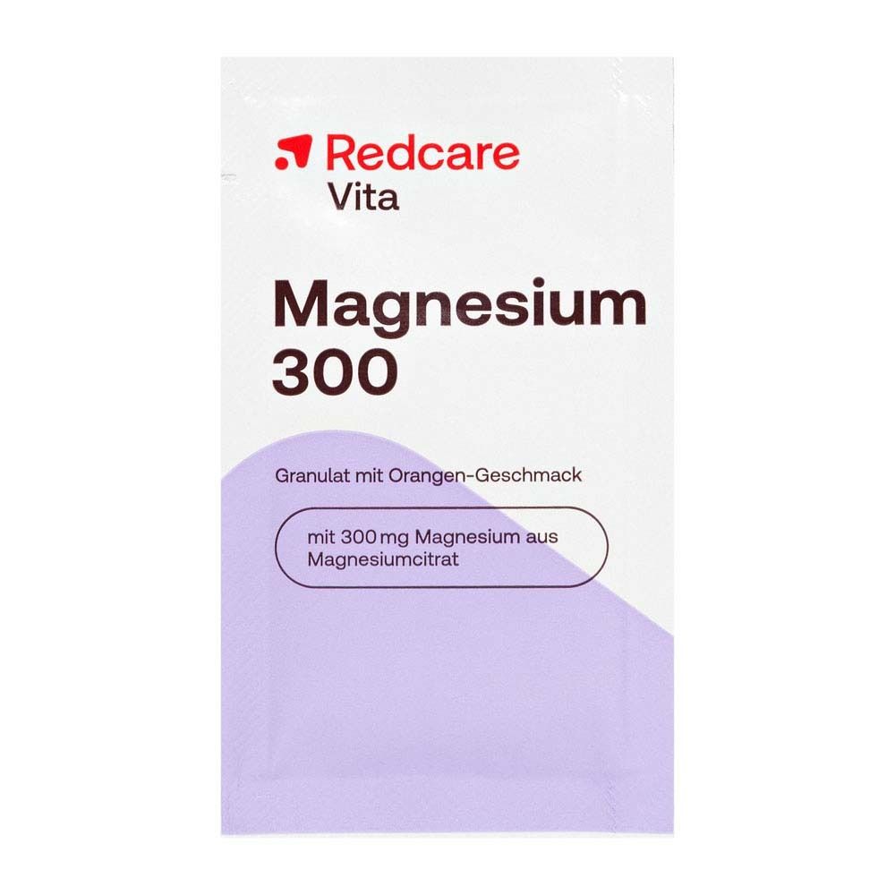 Confezione singola Redcare Magnesium 300. Bianco e lilla. Testo: Magnesium 300, Granulato al gusto di arancia.