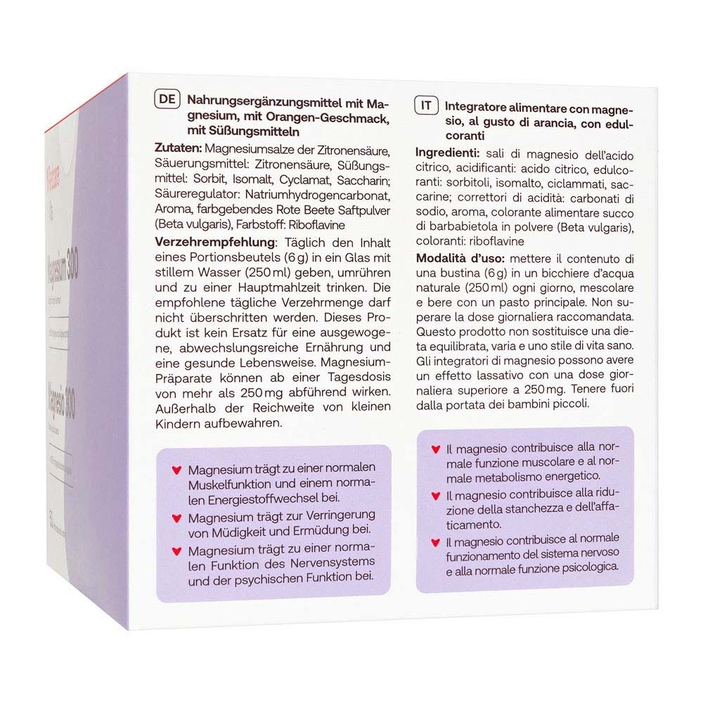 Retro della scatola Redcare Magnesium 300. Testo in tedesco e italiano. Ingredienti, istruzioni per l'uso.