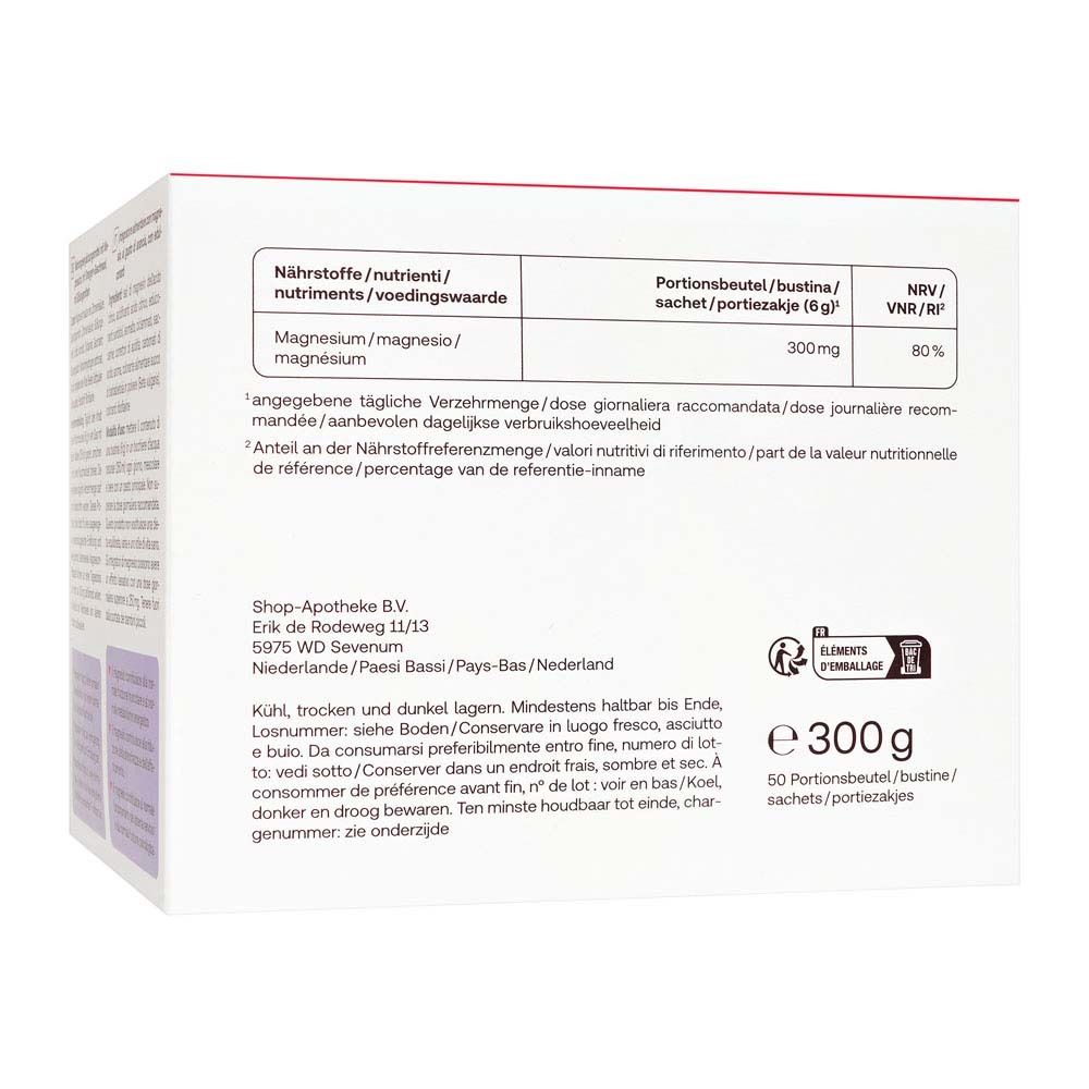 Retro della scatola Redcare Magnesium 300. Testo in tedesco. Informazioni nutrizionali, produttore.